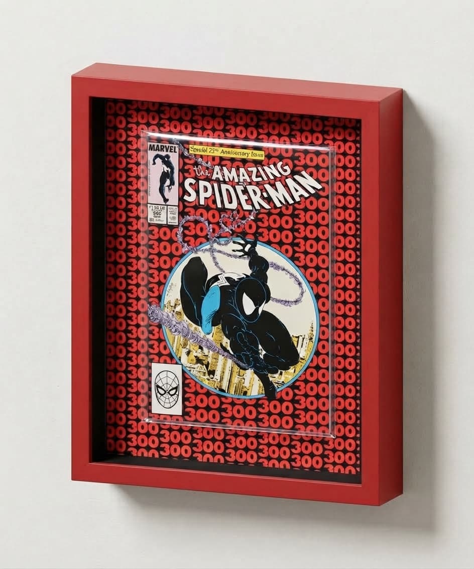 Excelsior frame with a red finish and custom printed backing displaying The Amazing Spider-Man issue 300