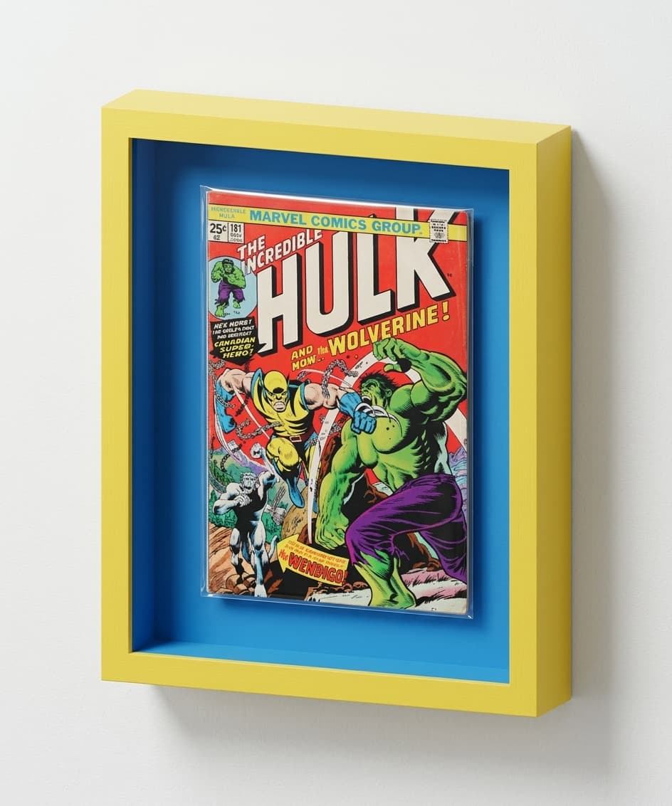 Key frame with a yellow finish and blue backing displaying The Incredible Hulk issue 181