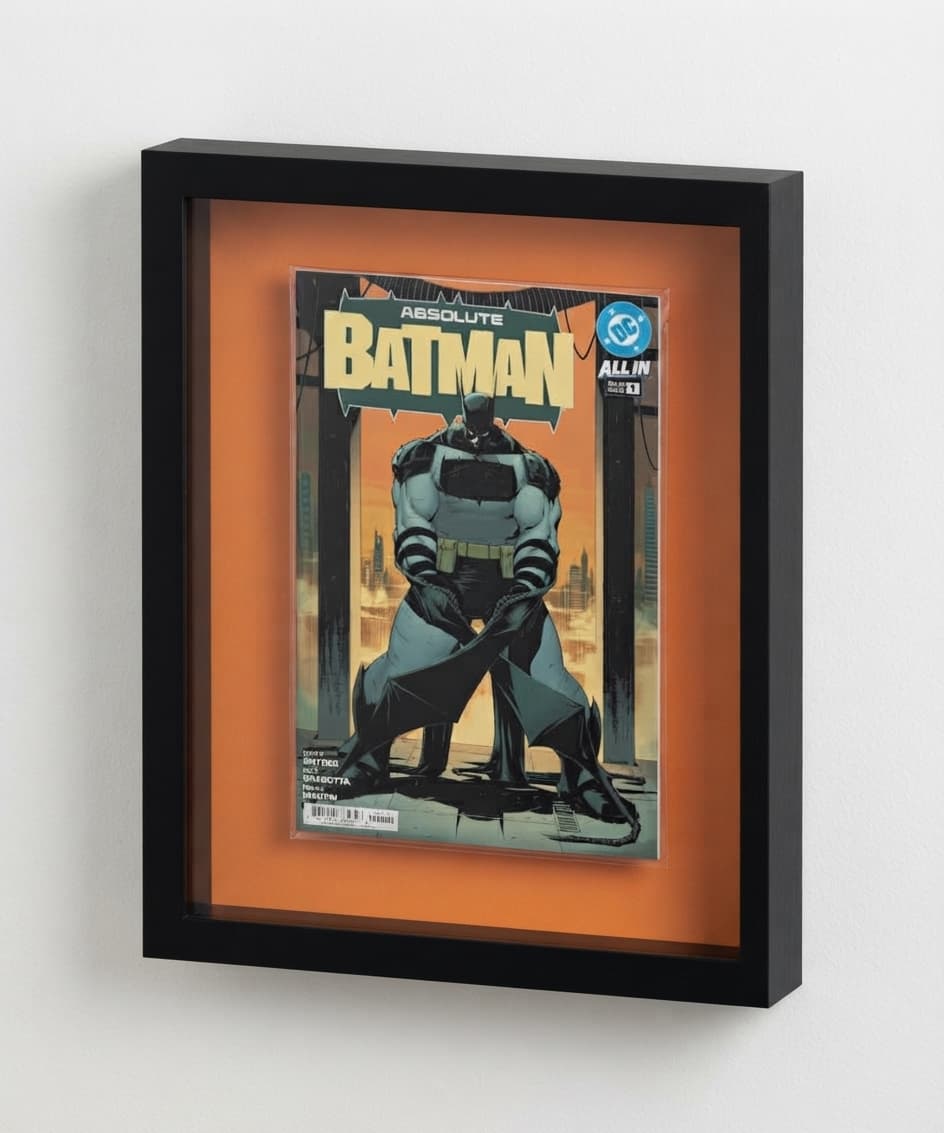Origin frame with a black finish and orange backing displaying Absolute Batman issue 1