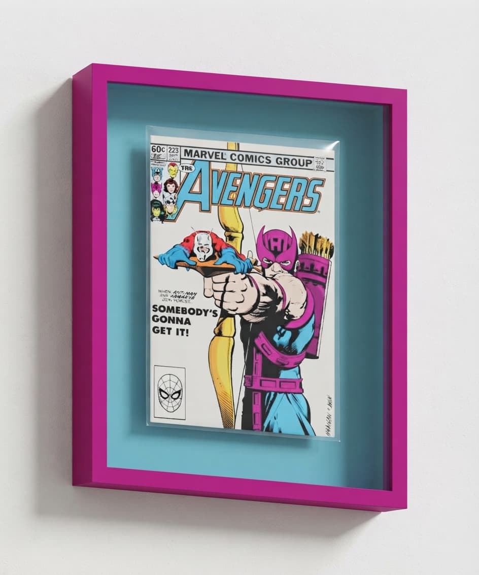 Magenta custom frame with blue backing displaying The Avengers issue 223
