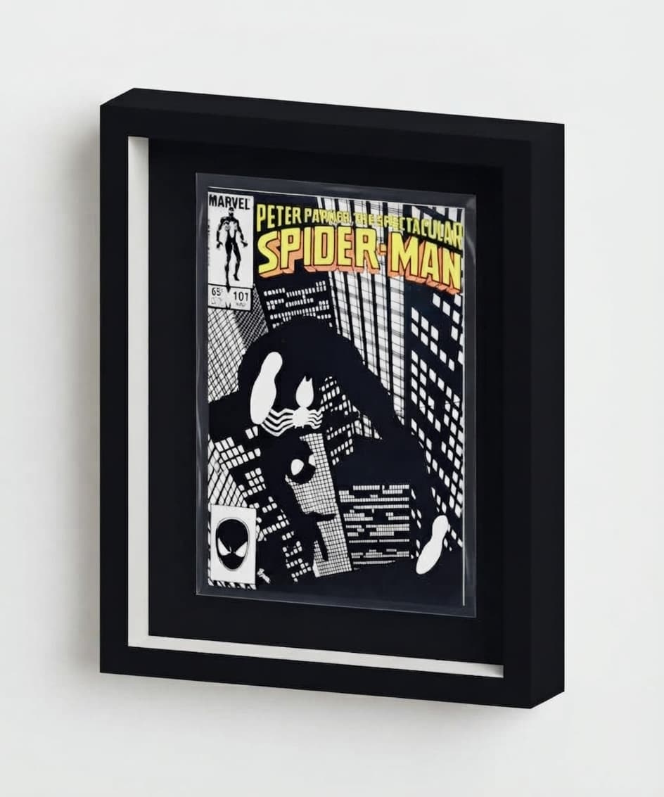 Black custom frame with black backing and a white spacer displaying Peter Parker, The Spectacular Spider-Man issue 101