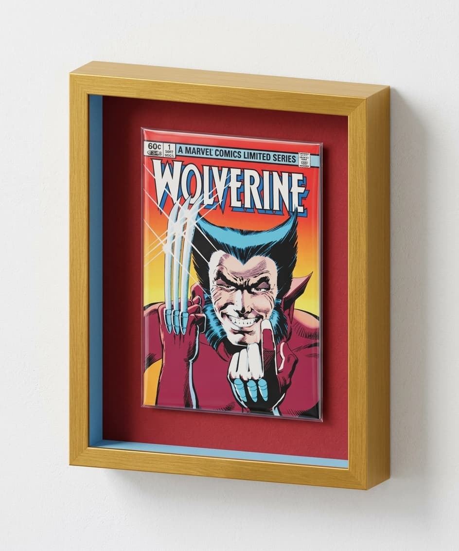 Yellow custom frame with red backing and a blue spacer displaying Wolverine issue 1