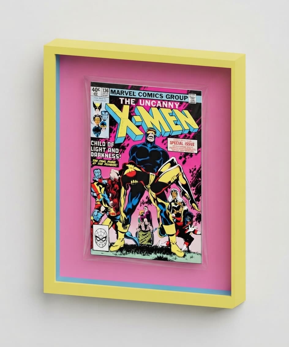 Yellow custom frame with pink backing and a blue spacer displaying The Uncanny X-Men issue 136